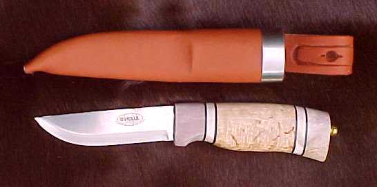 Helle Norway Harmoni Curly Birch & Walnut Fixed Blade Knife - Red